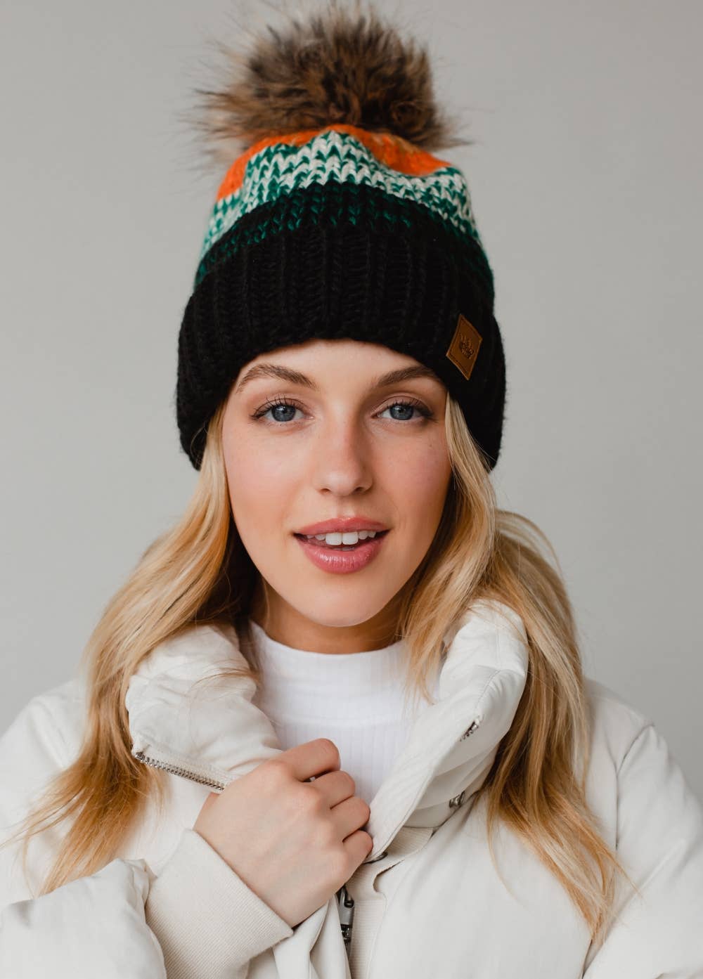 Panache Apparel Co. - Black, Green & Orange Patterned Pom Hat