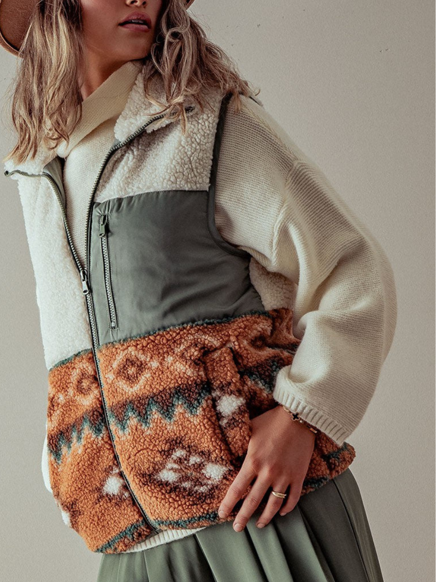 Aztec-mønster Western Sherpa Fleece Vest med glidelås