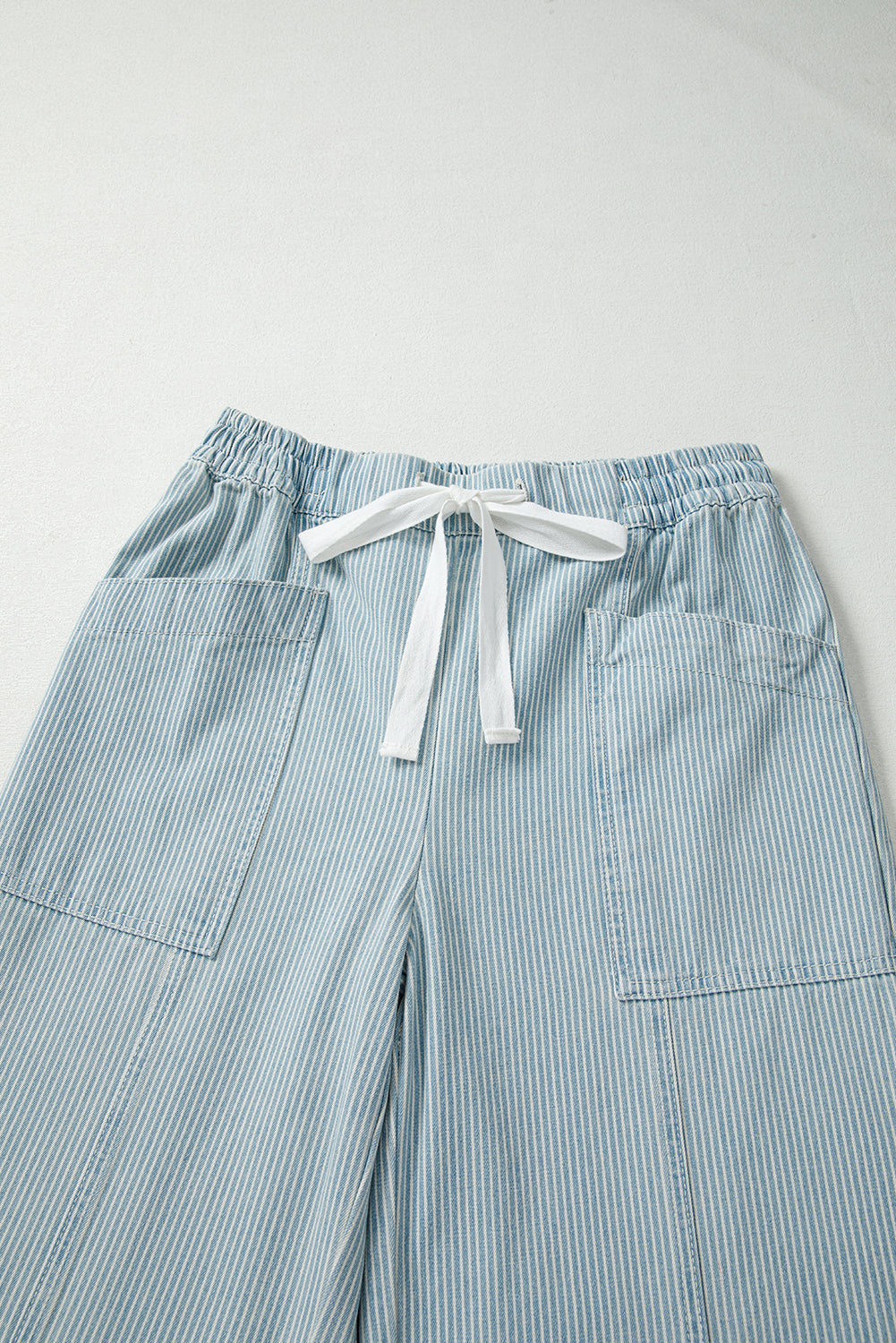 Sky Blue Stripe Mid Rise Drawstring Waist Jeans