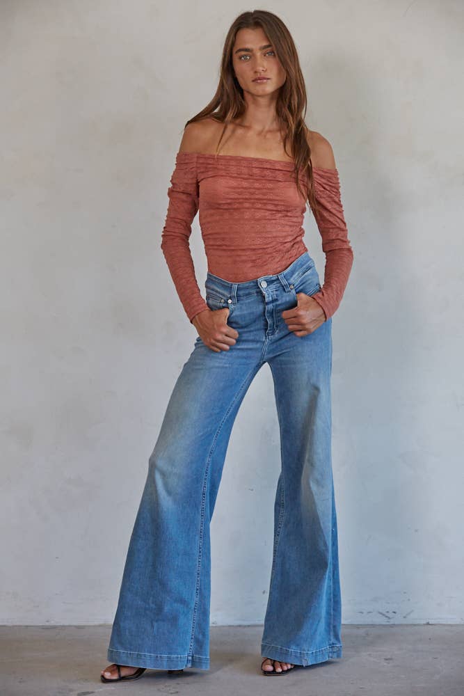 Knit Nylon Spandex Lace Off the Shoulder Bodysuit