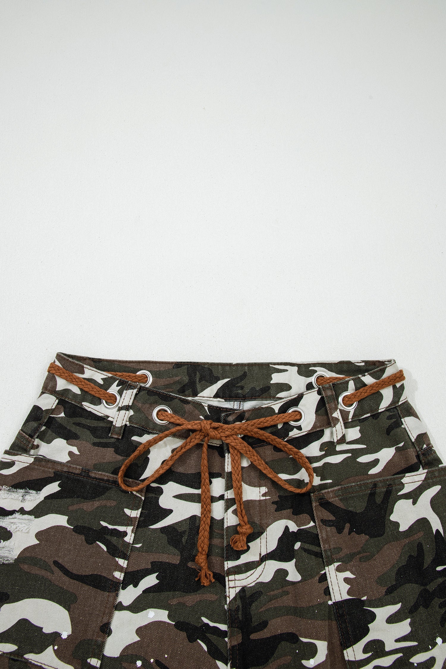 Green Camouflage Print Splashed Distressed Loose Denim Pants