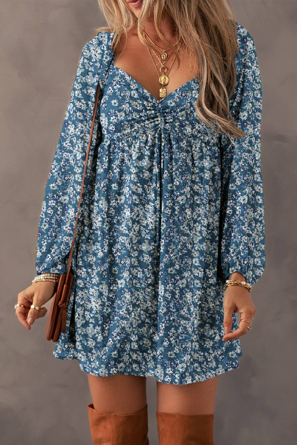 BOHO Floral Sweetheart Neck Mini Dress