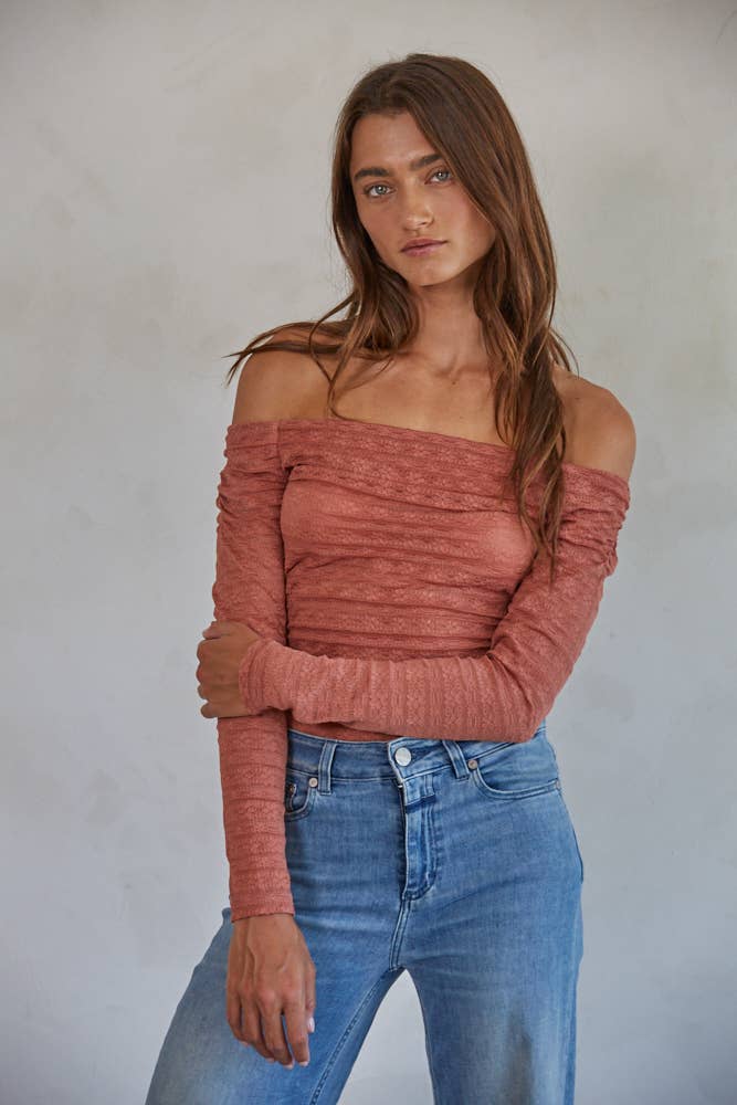 Knit Nylon Spandex Lace Off the Shoulder Bodysuit