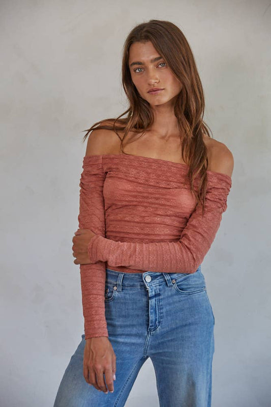 Knit Nylon Spandex Lace Off the Shoulder Bodysuit