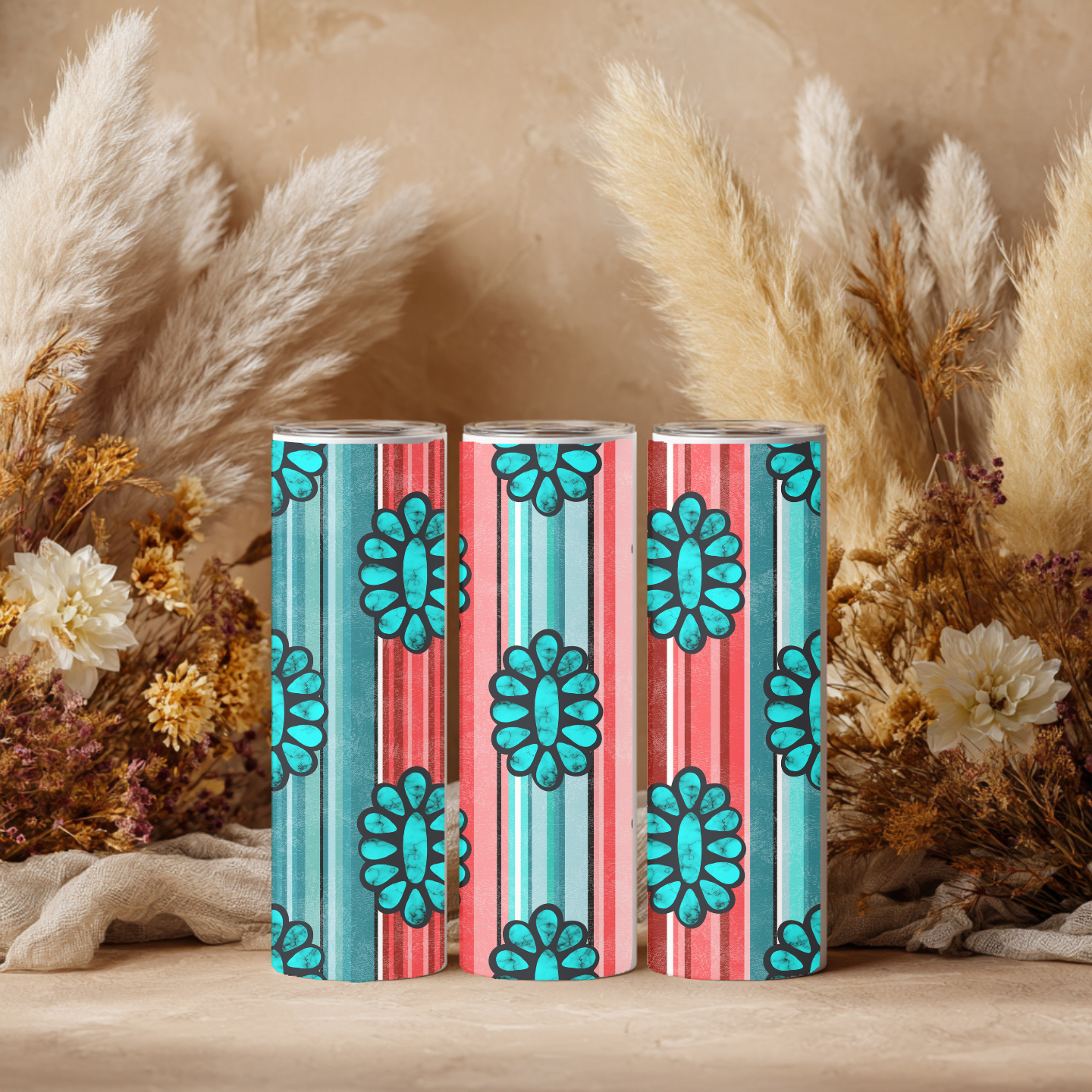 Coral and Turquoise Striped Cowgirl Tumbler | Western Serape Skinny Tumbler | Southwestern Coffee Cup