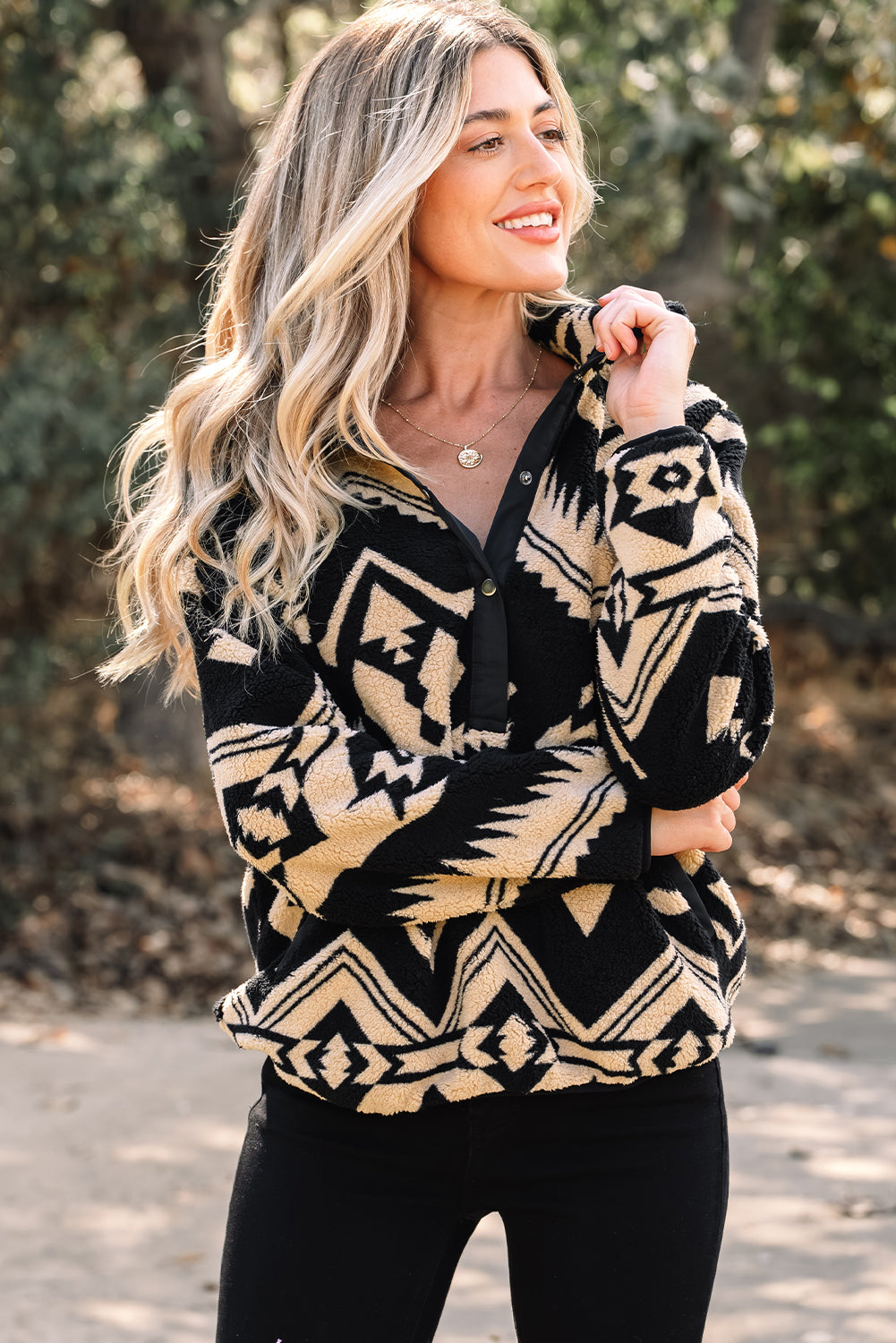 Black Western Aztec Half Placket Plush Sweatshirt