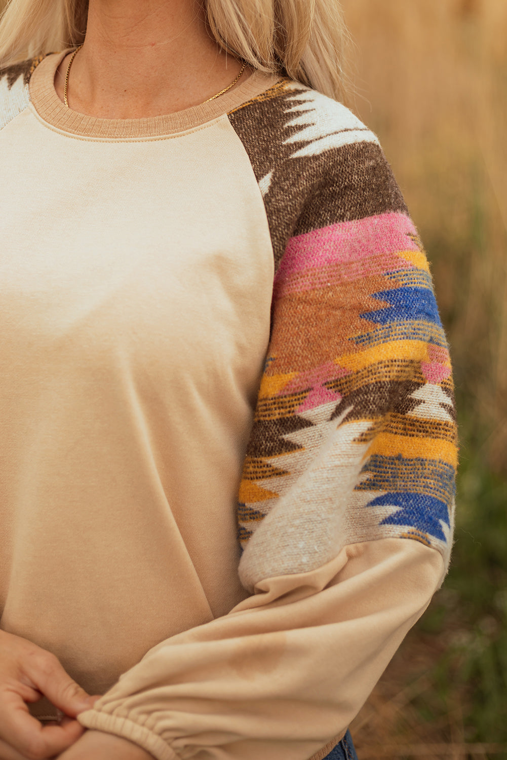 Light French Beige Aztec Patchwork Raglan Pullover Sweatshirt