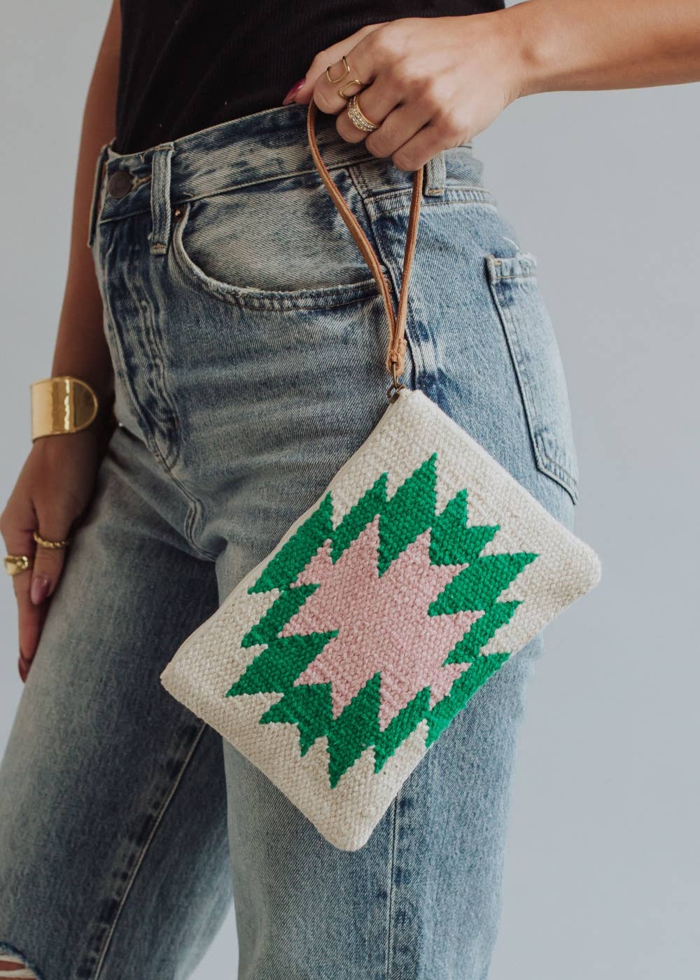 Panache Apparel Co. - Beige, Green & Pink Aztec Wristlet