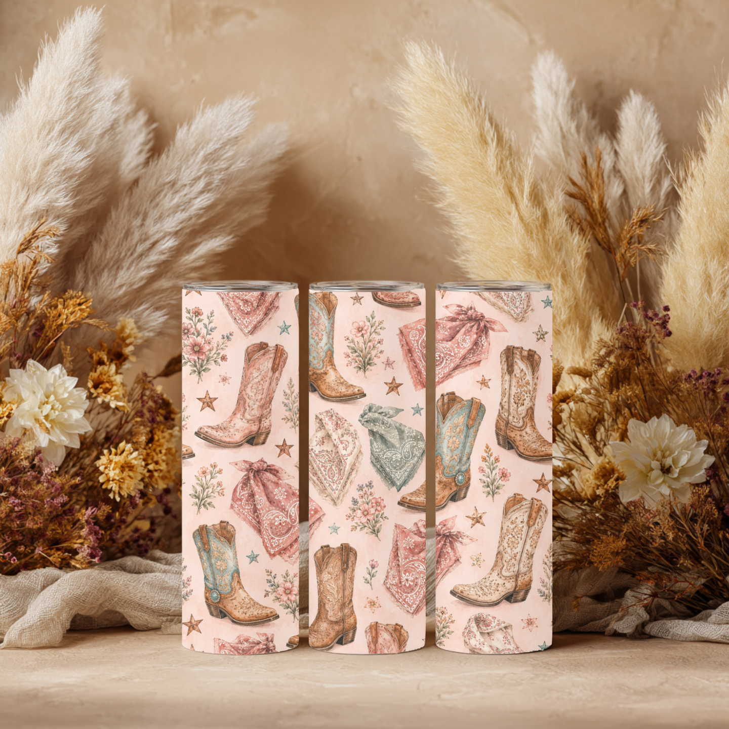 Pink Western Cowboy Boots 20 oz Skinny Tumbler | Pink Bandana Cowgirl Tumbler | Vintage Western Coffee Cup | Country Girl Gift for Her