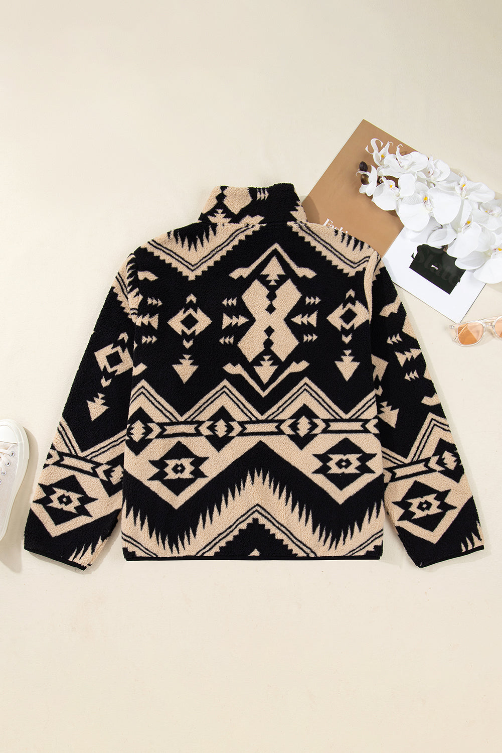 Black Plus Size Western Aztec Pattern Half Button Collared Plush Sweatshirt