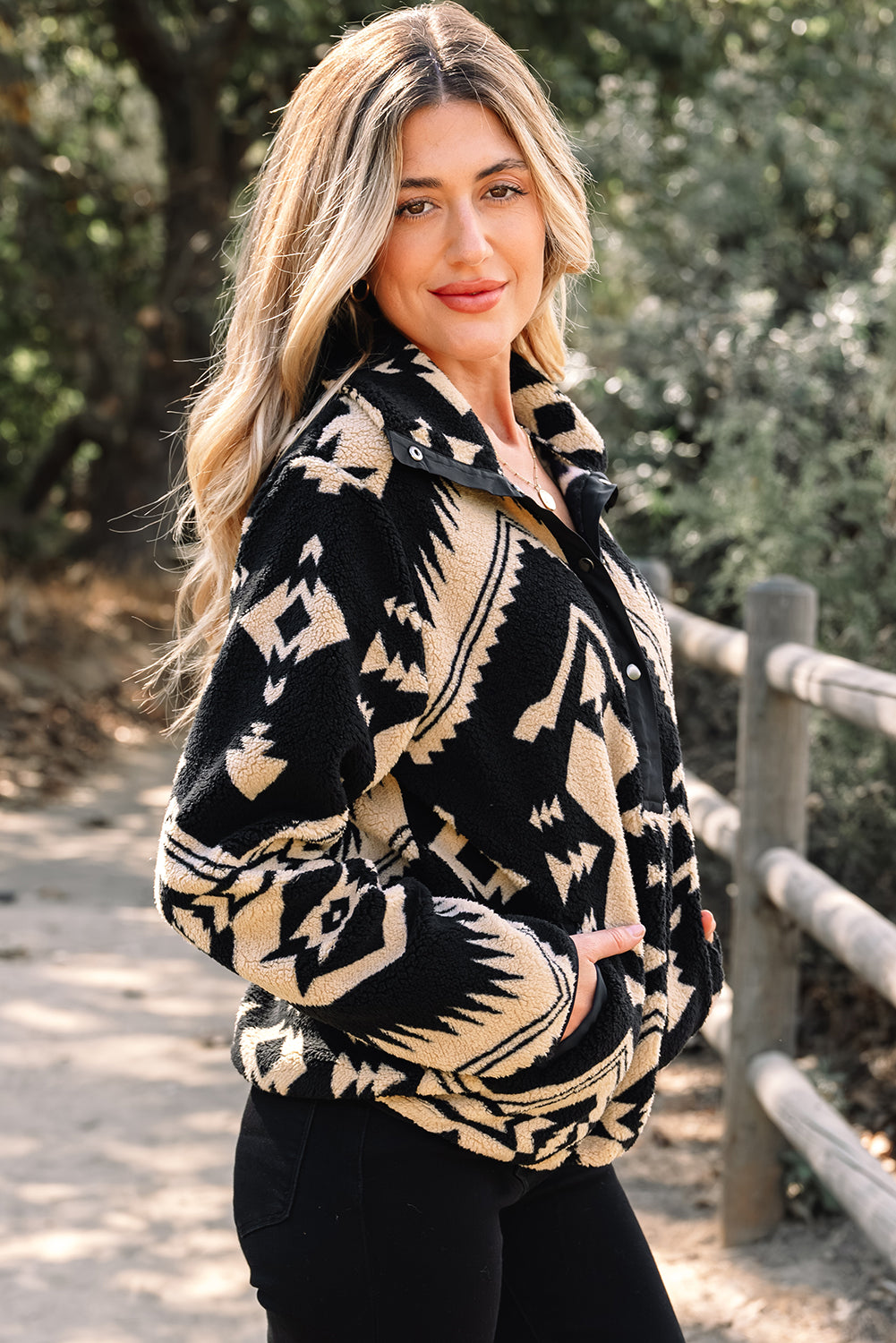 Black Western Aztec Half Placket Plush Sweatshirt