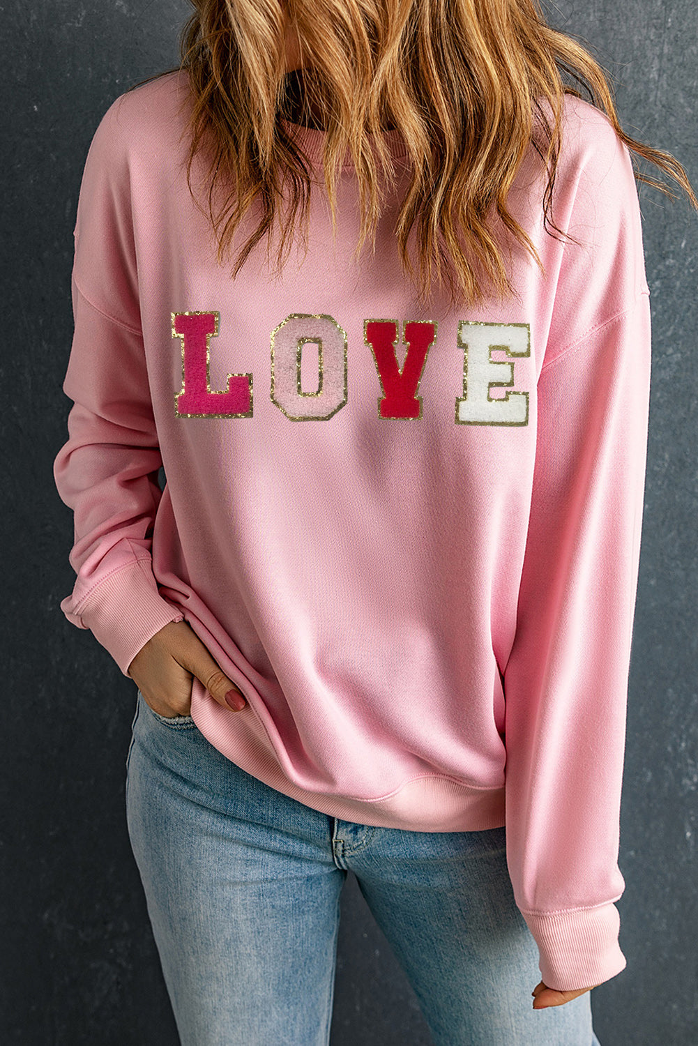 Pink Valentine LOVE Chenille Embroidered Sweatshirt