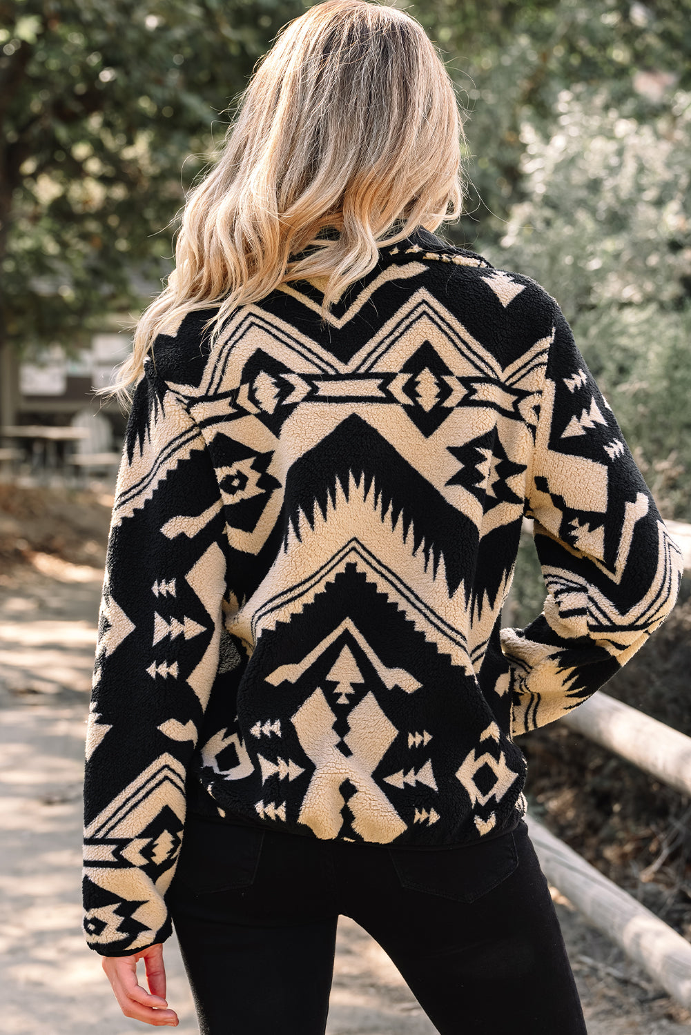 Black Western Aztec Half Placket Plush Sweatshirt