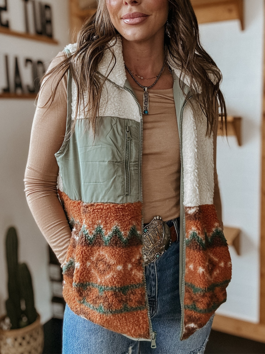 Aztec-mønster Western Sherpa Fleece Vest med glidelås