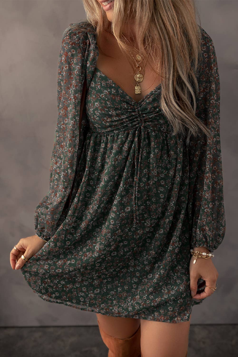 BOHO Floral Sweetheart Neck Mini Dress