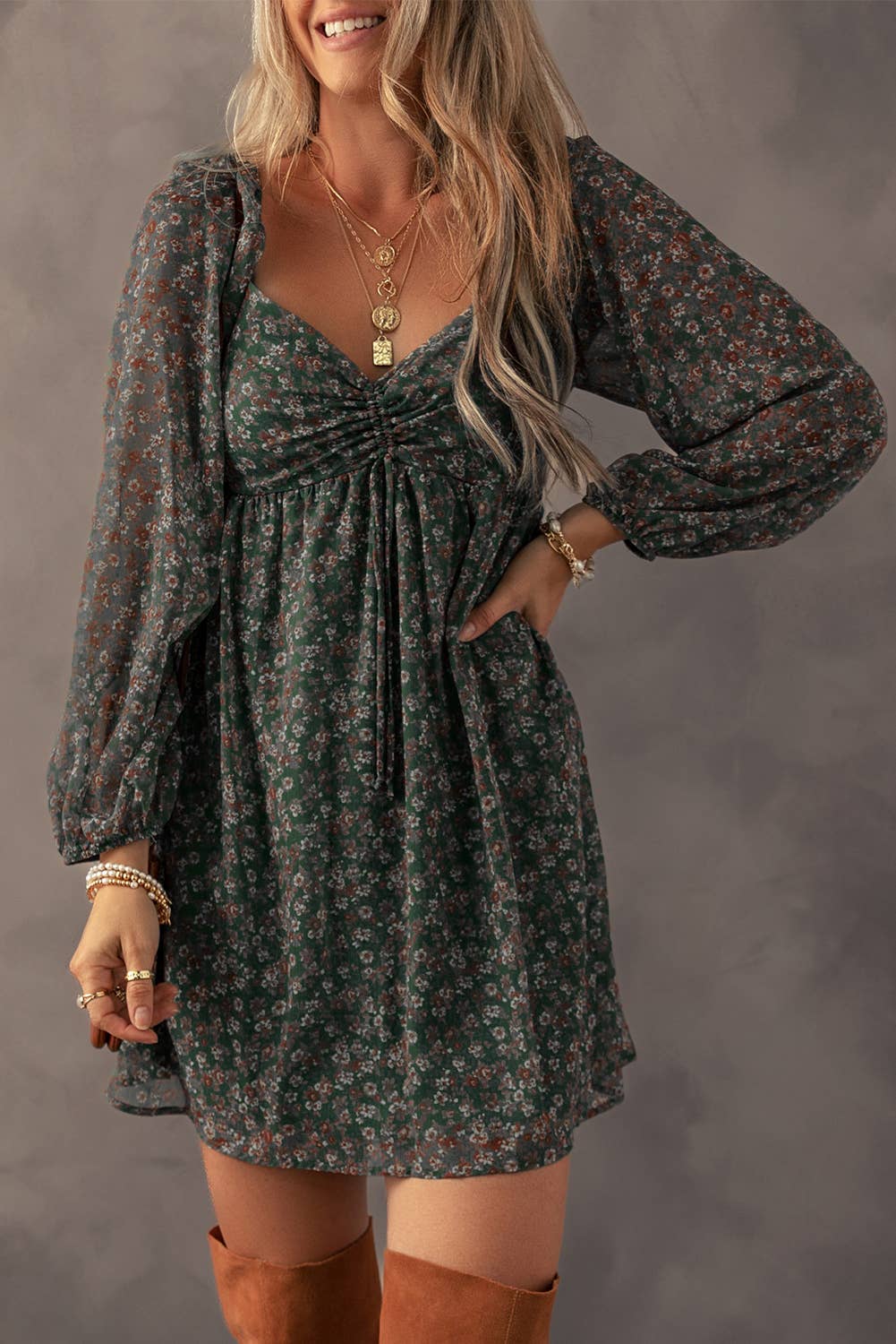 BOHO Floral Sweetheart Neck Mini Dress