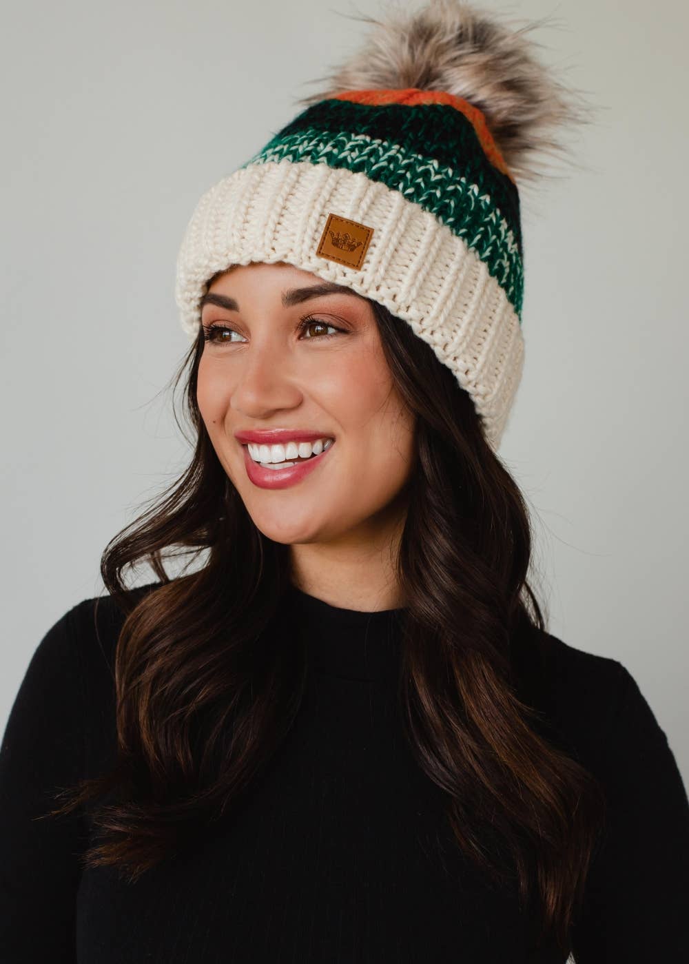 Panache Apparel Co. - White, Green & Orange Patterned Pom Hat