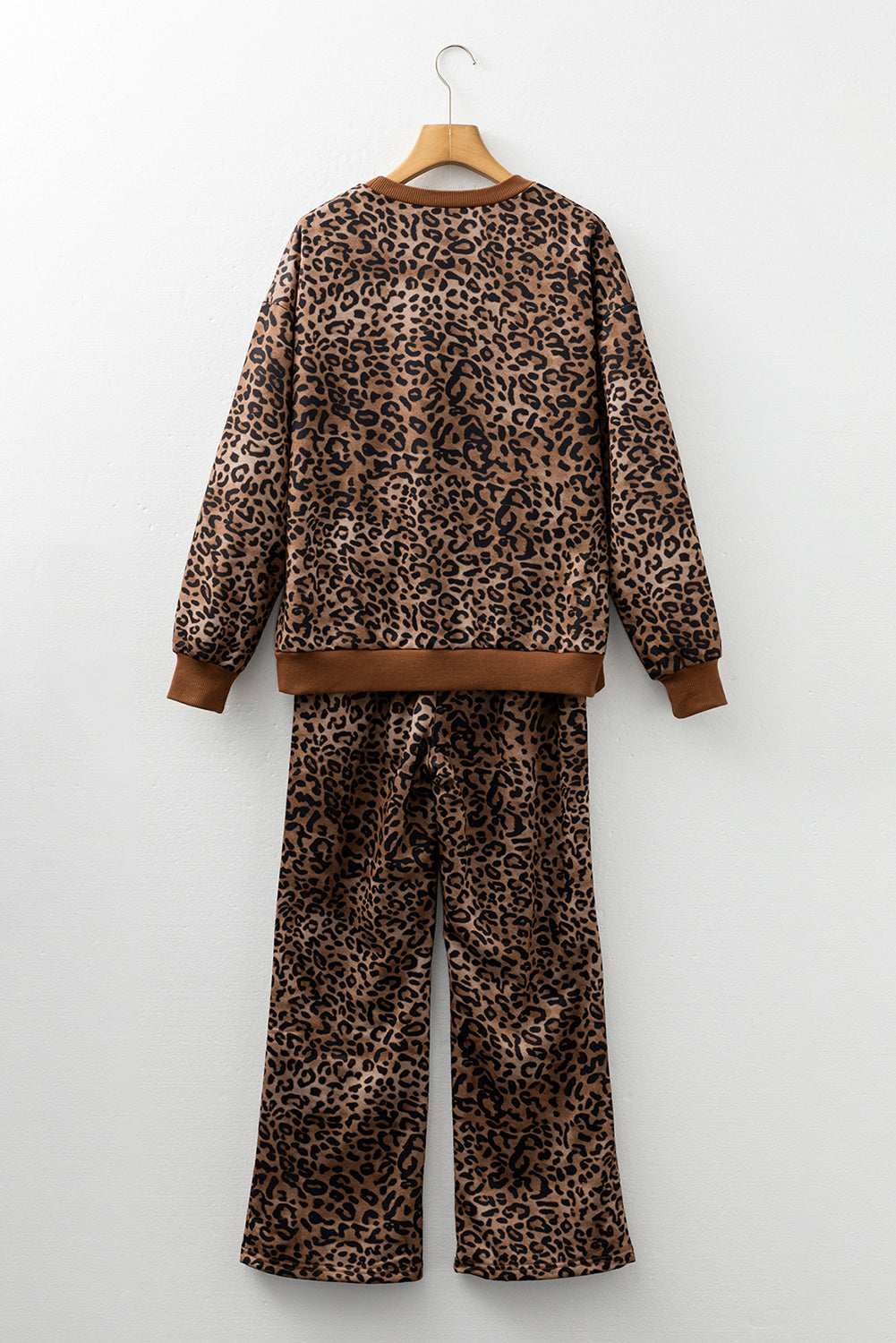 Coffee Leopard Print Contrast Trim Long Sleeve Top and Pants Set