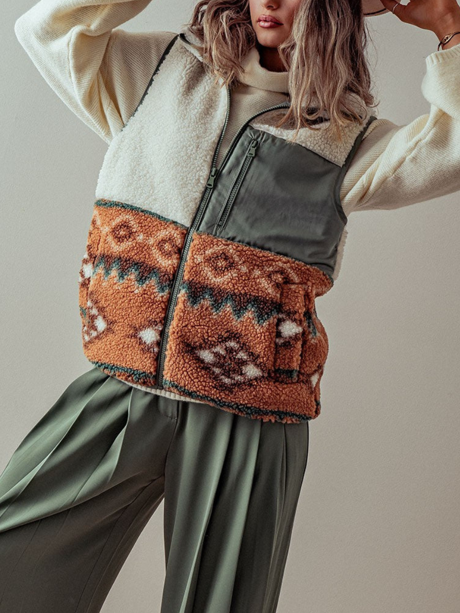 Aztec-mønster Western Sherpa Fleece Vest med glidelås
