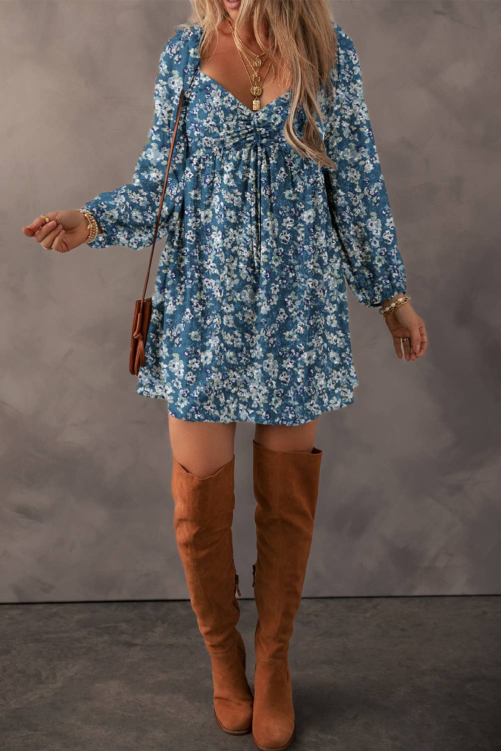 BOHO Floral Sweetheart Neck Mini Dress