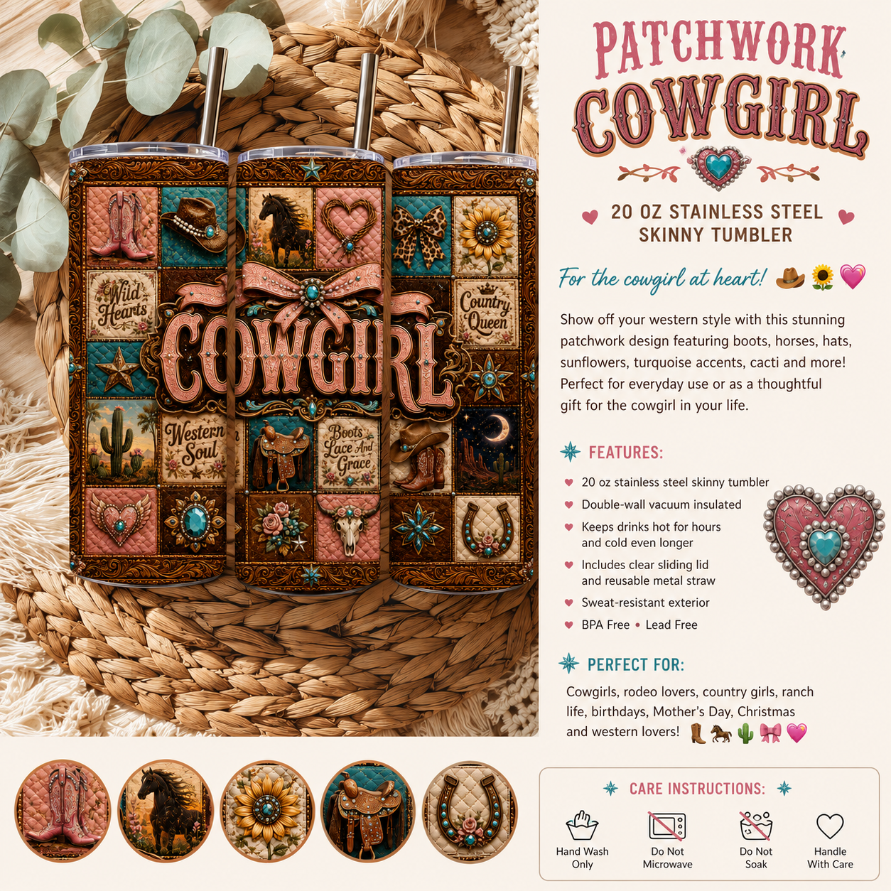 Cowgirl Patchwork 20 oz Skinny Tumbler | Western Boots & Sunflower Tumbler | Pink & Turquoise Country Girl Cup | Rustic Western Gift for Her