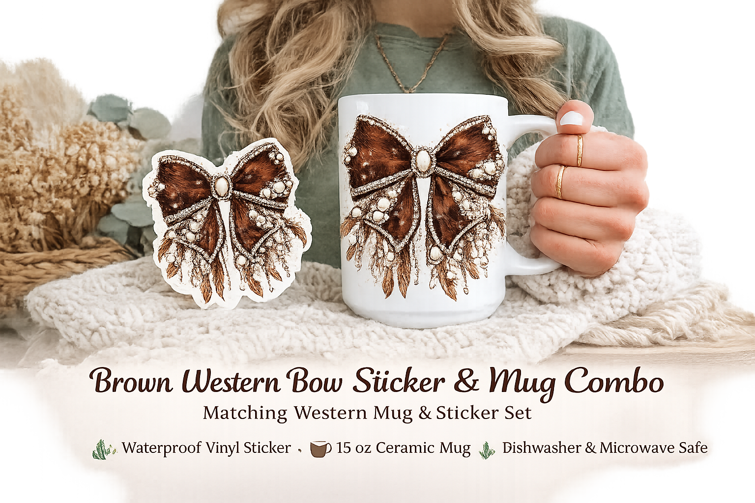 Brown Western Bow 15 oz Coffee Mug & Sticker Combo | Cowgirl Mug with Feathers & Pearls | Rustic Country Coffee Cup | Western Gift for Her | Boho Mug