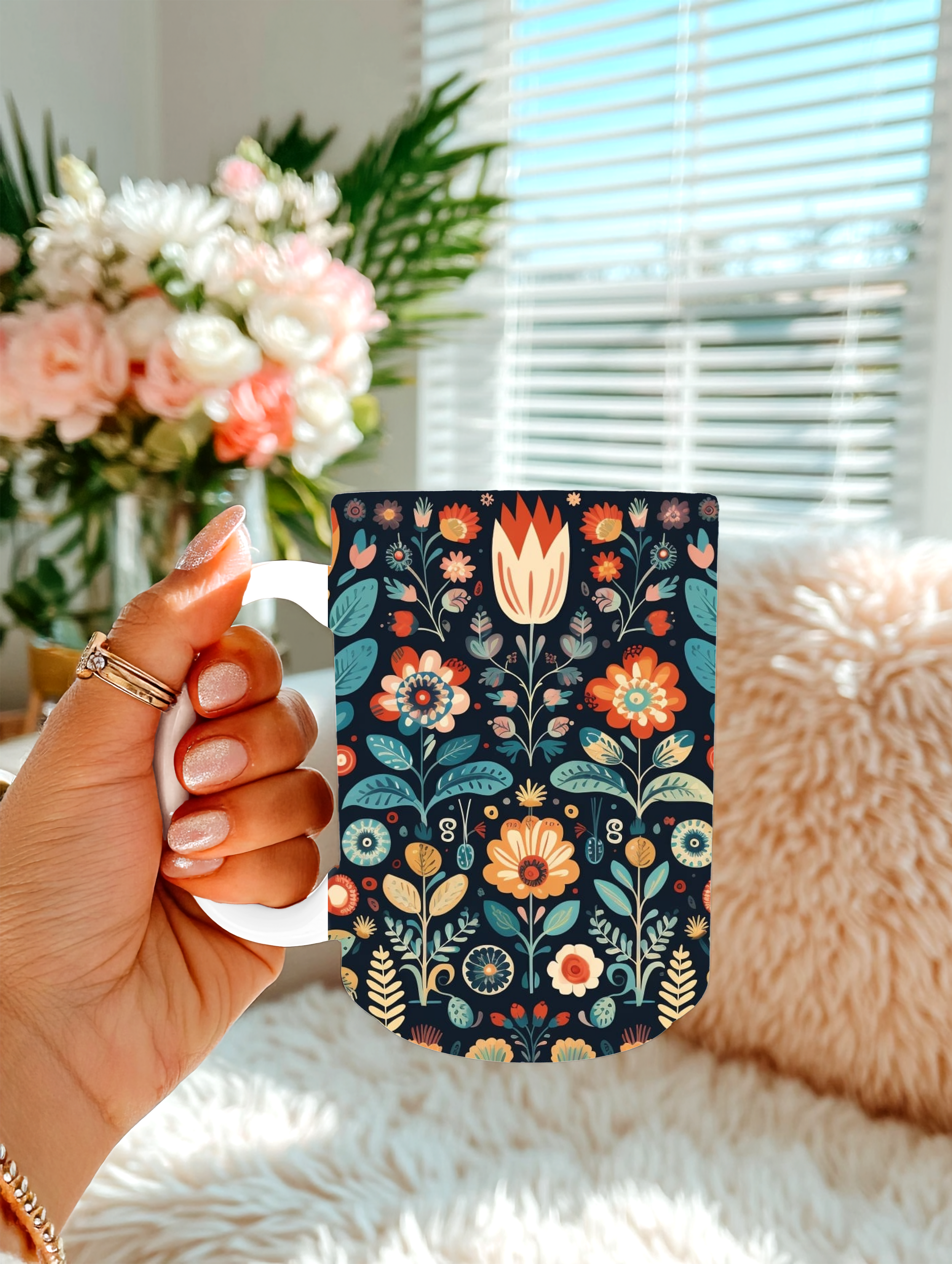 Scandinavian Folk Art Mug | Nordic Floral Coffee Mug | Swedish Folk Pattern Mug | Botanical Ceramic Cup | Cottagecore Gift | 15 oz Mug