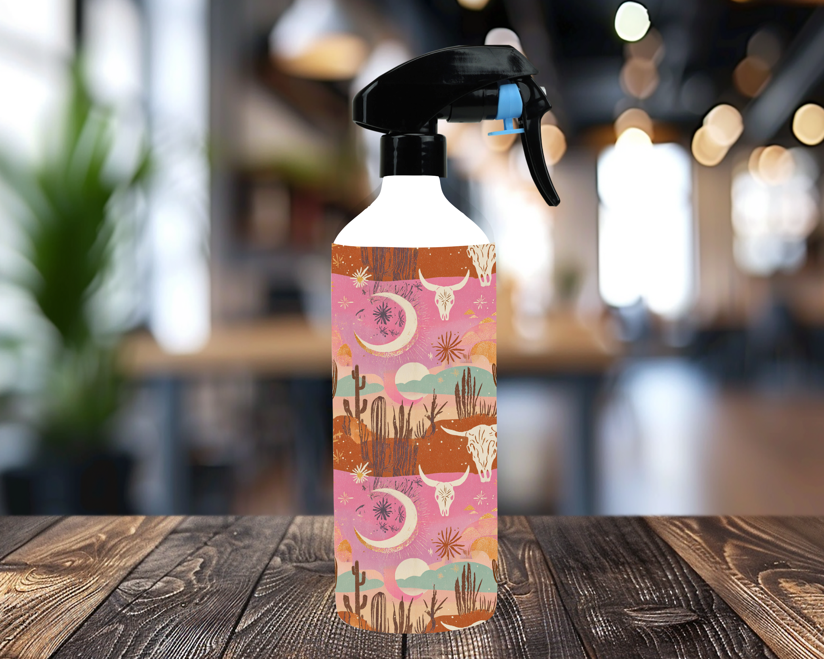 🌵 Desert Sunset Cow Skull Aluminum Spray Bottle | Refillable Cleaning Bottle | Western Home Decor | Boho Kitchen Spray Bottle | 16 oz