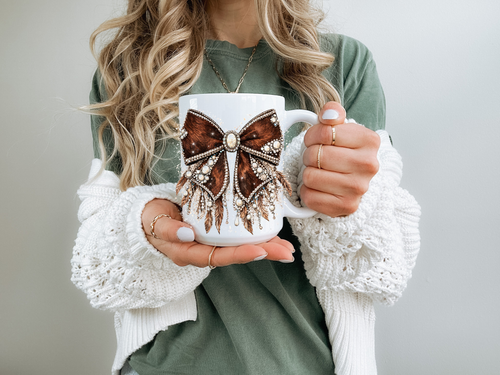 Brown Western Bow 15 oz Coffee Mug & Sticker Combo | Cowgirl Mug with Feathers & Pearls | Rustic Country Coffee Cup | Western Gift for Her | Boho Mug