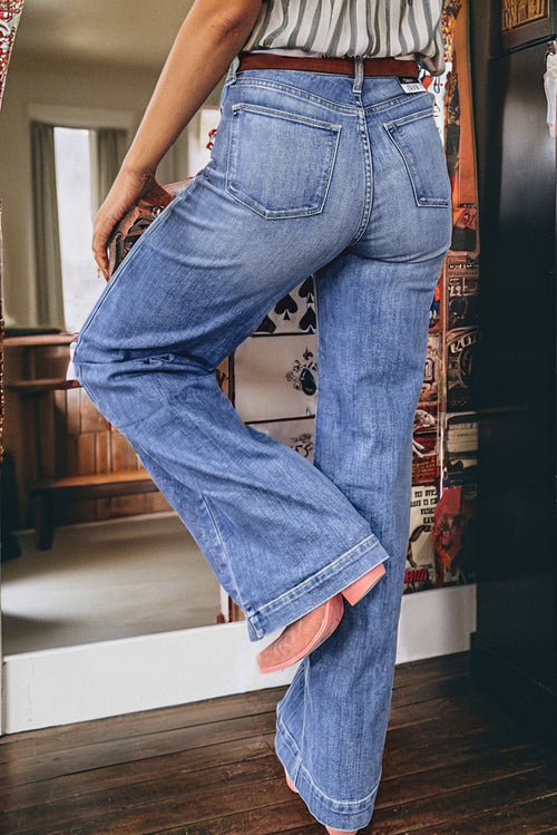 Beau Blue Tailored Center Seam Detail Straight Loose High Rise Jeans