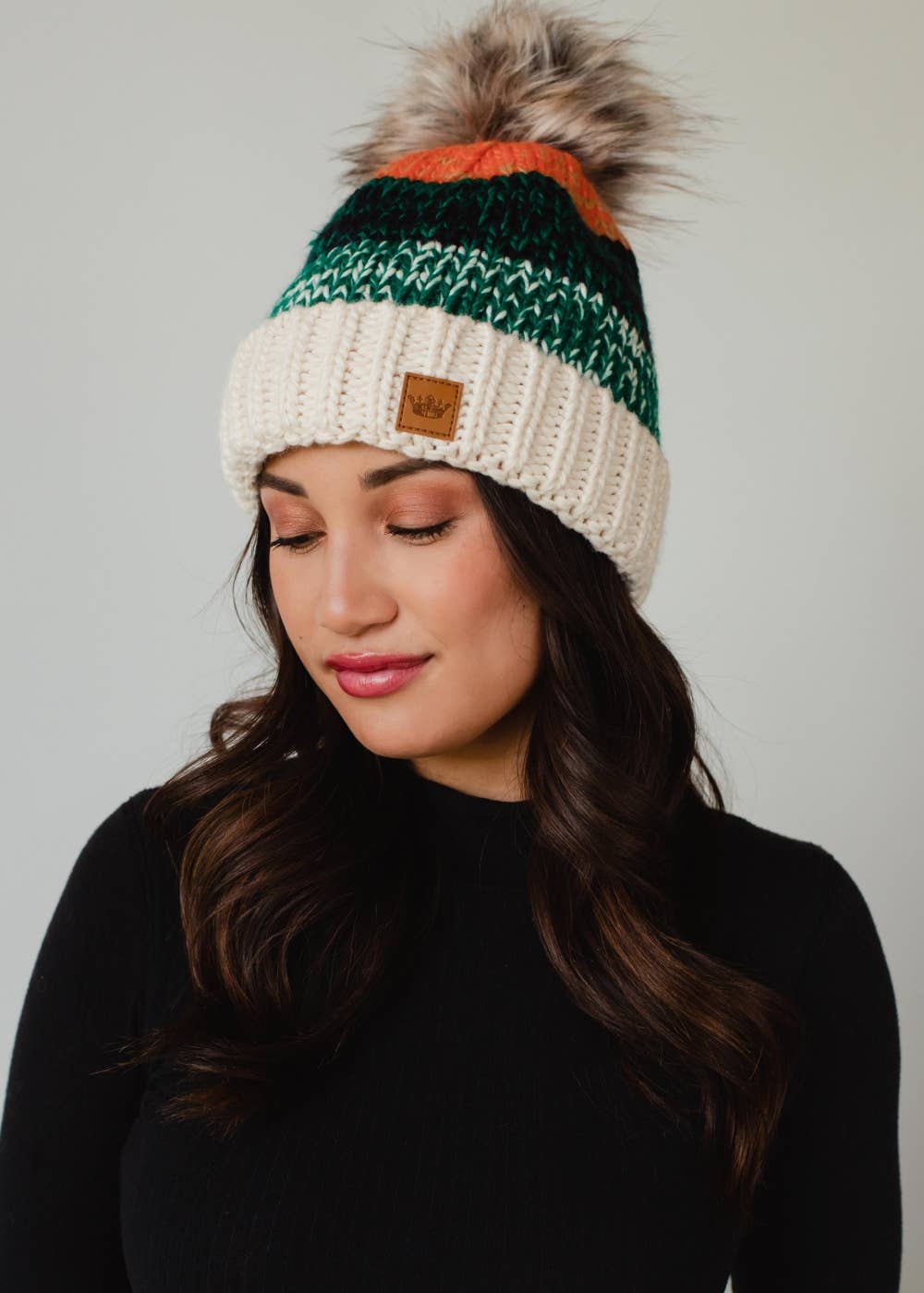 Panache Apparel Co. - White, Green & Orange Patterned Pom Hat