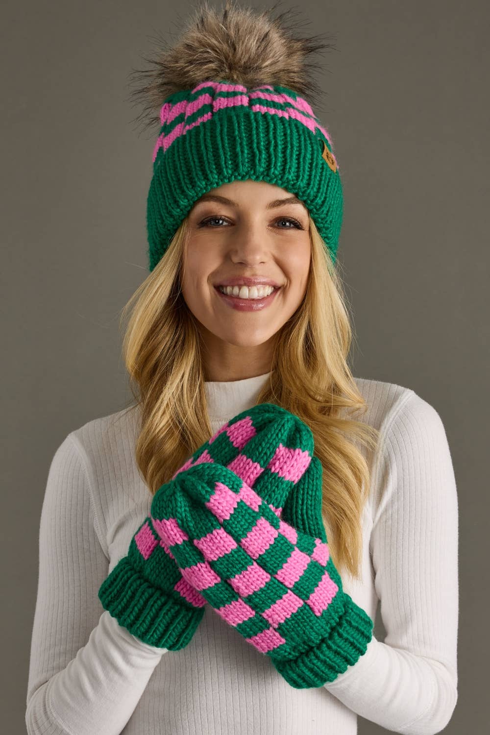 Panache Apparel Co. - Green & Pink Checkered Pom Hat
