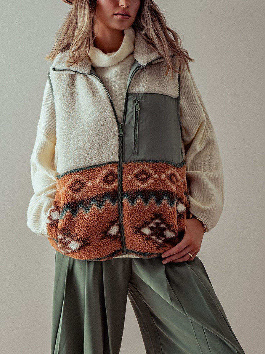 Aztec-mønster Western Sherpa Fleece Vest med glidelås