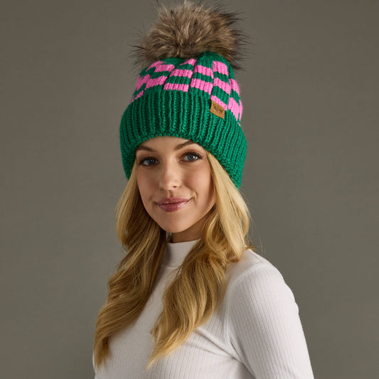 Panache Apparel Co. - Green & Pink Checkered Pom Hat