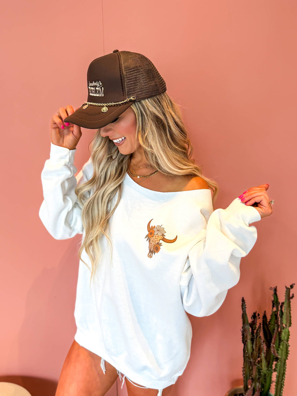 «Hvis jeg er problemet» Hvit, bare skulder-krage med grafikk