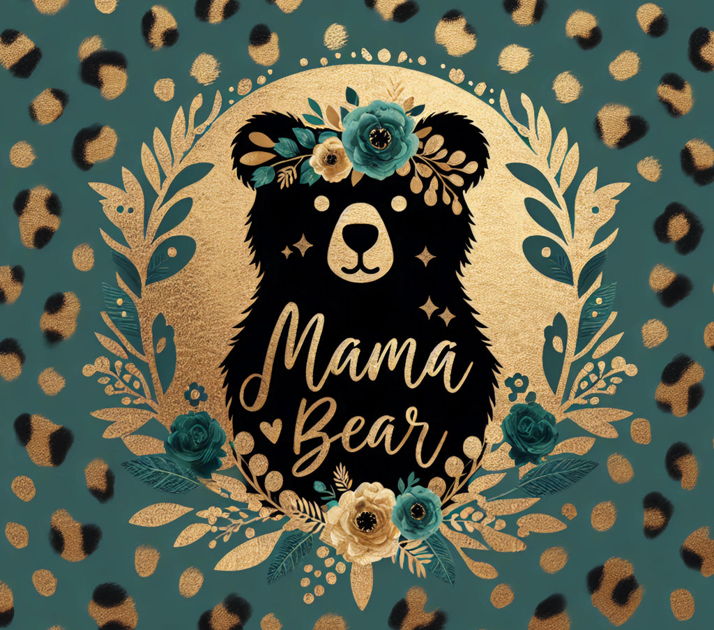 Stainless steel Mama Bear Tumbler is Teal and Gold