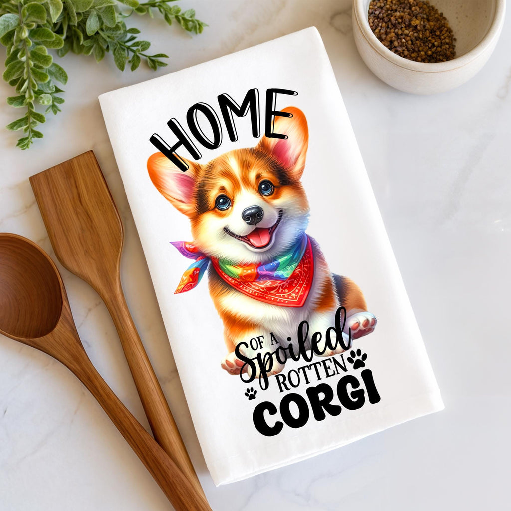 Spoiled Rotten Corgi Tea Towel – Funny Dog Kitchen Decor, Corgi Mom Gift