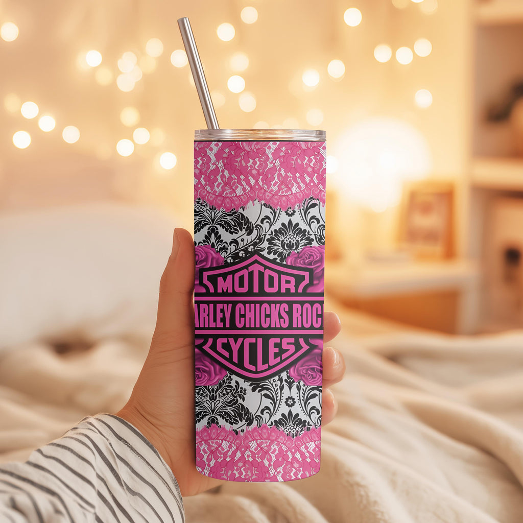 Harley Chicks Ride Motorcycles Tumbler | Pink Biker Girl Tumbler | Motorcycle Lover Gift | Women's Riding Cup
