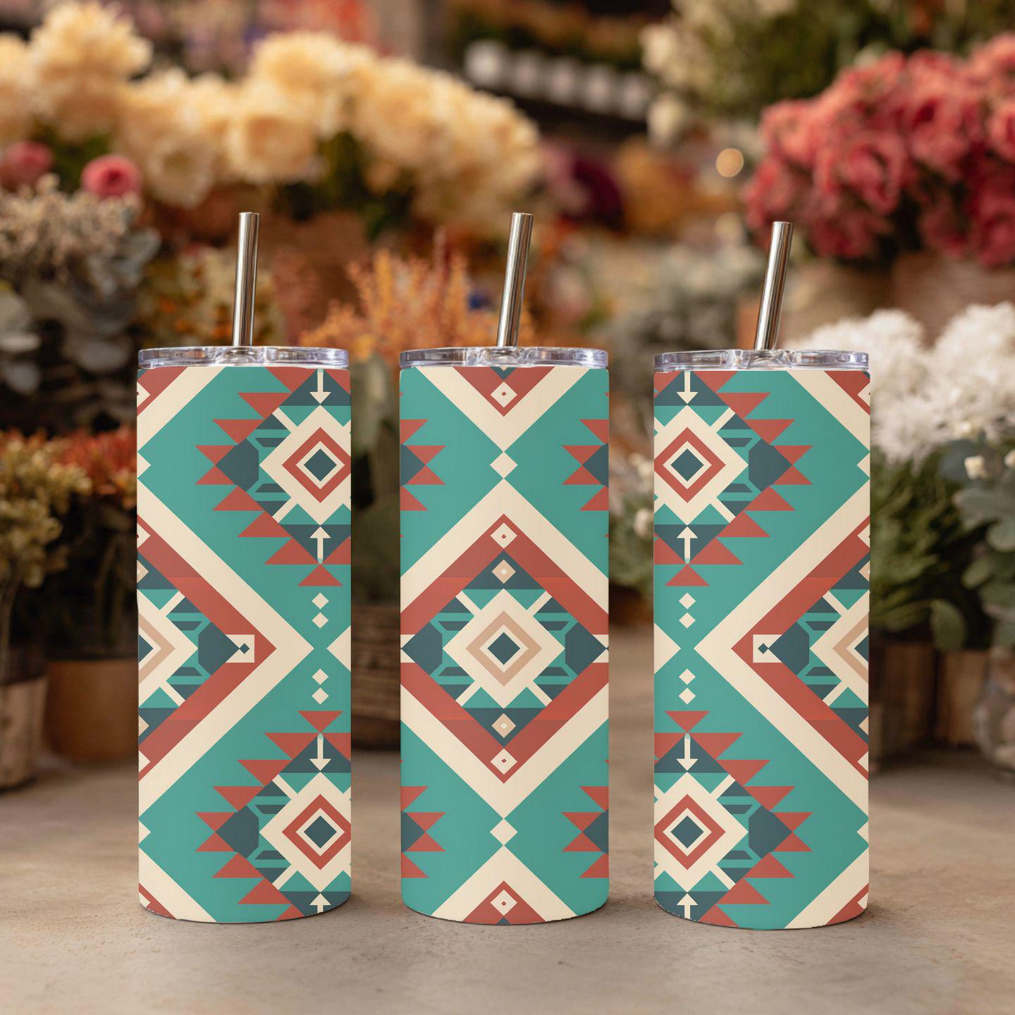 Southwestern Aztec Skinny Tumbler | Western Boho Tumbler | Native Inspired Drinkware | Turquoise Geometric Cup
