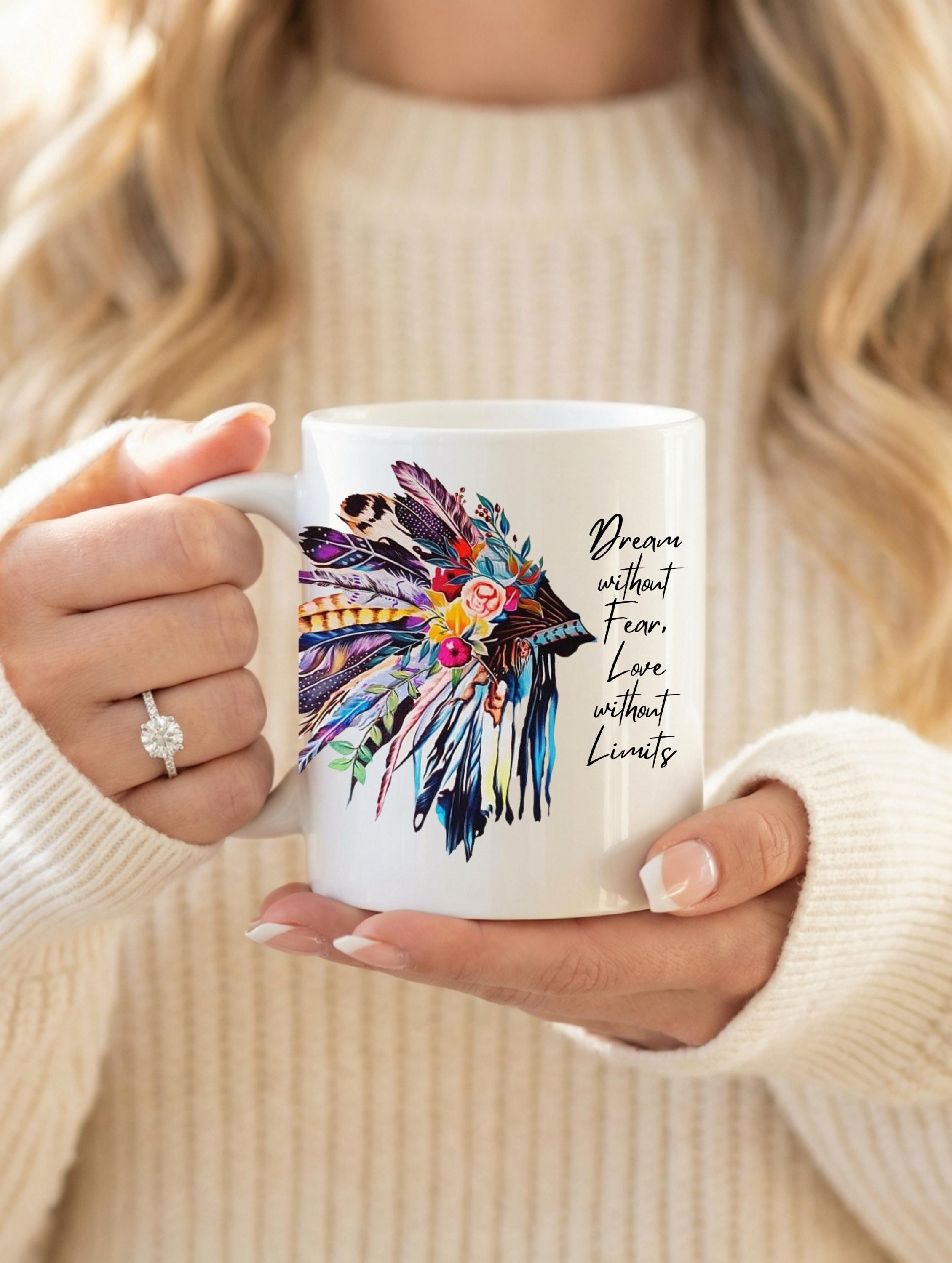 Dream Without Fear Mug | Inspirational Feather Coffee Mug | Motivational Gift for Her | 11 oz Ceramic Mug