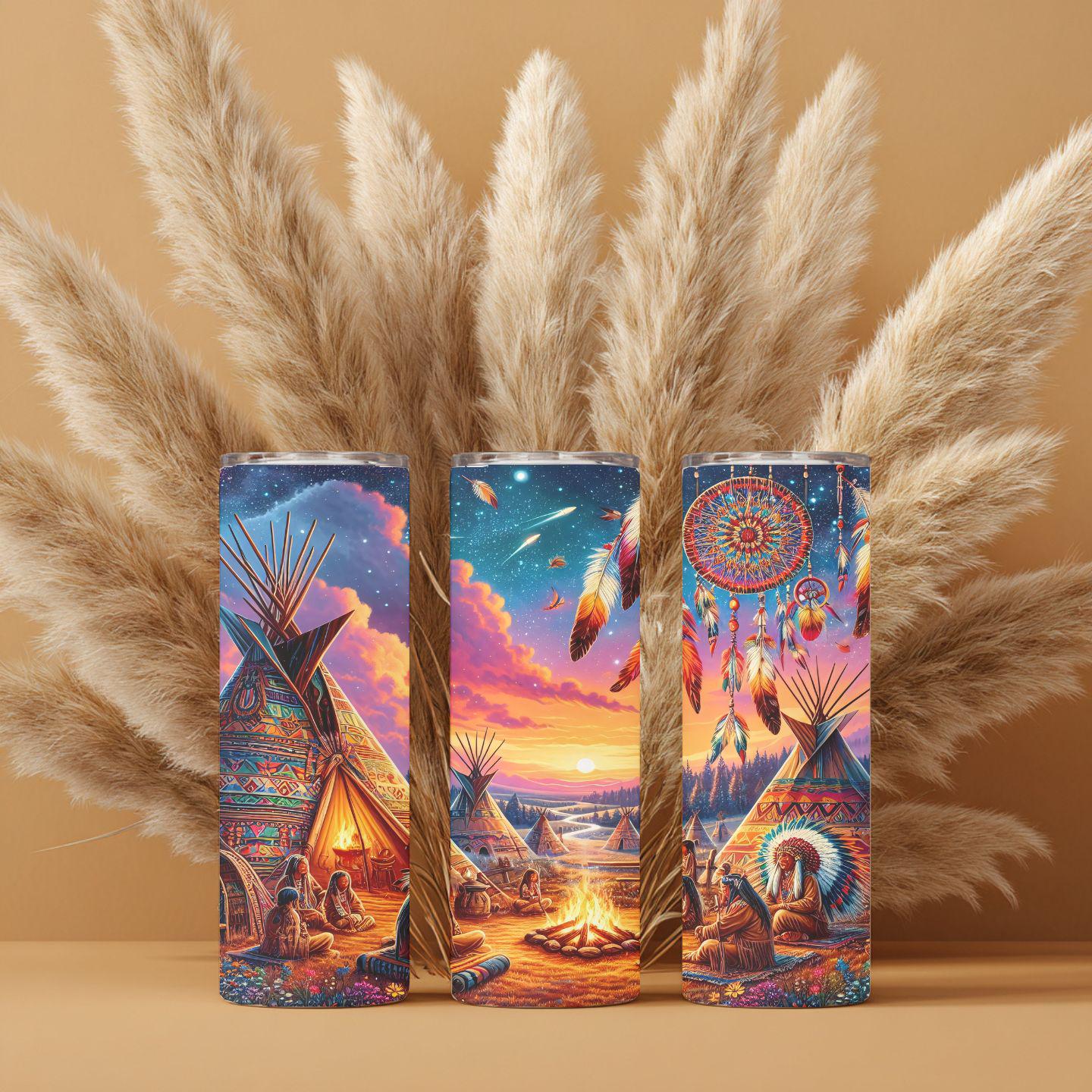 Native American Campfire Tumbler | Tribal Sunset 20 oz Skinny Tumbler | Indigenous Inspired Travel Mug | Boho Western Gift