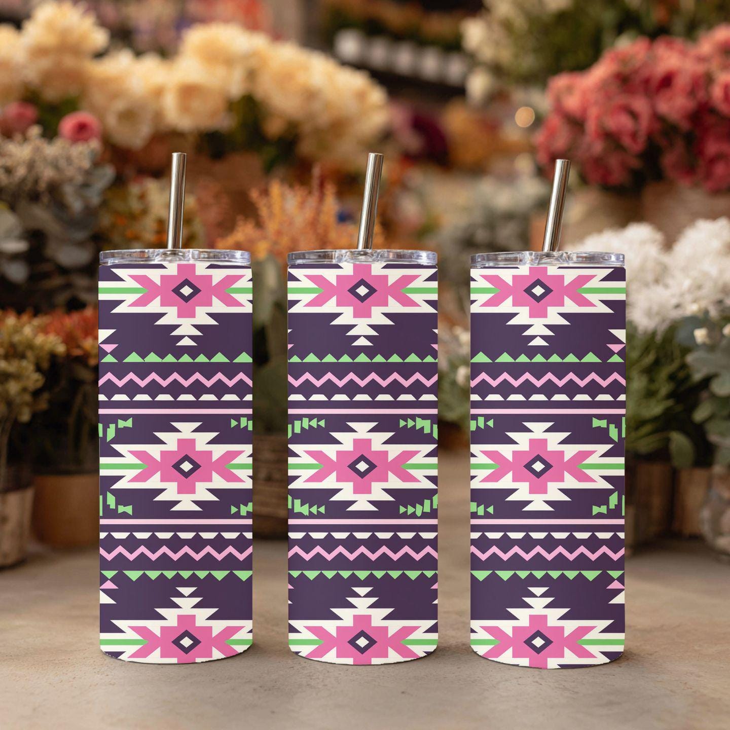 Southwestern Aztec Tumbler | Pink & Purple Tribal Pattern 20 oz Skinny Tumbler | Boho Western Travel Mug