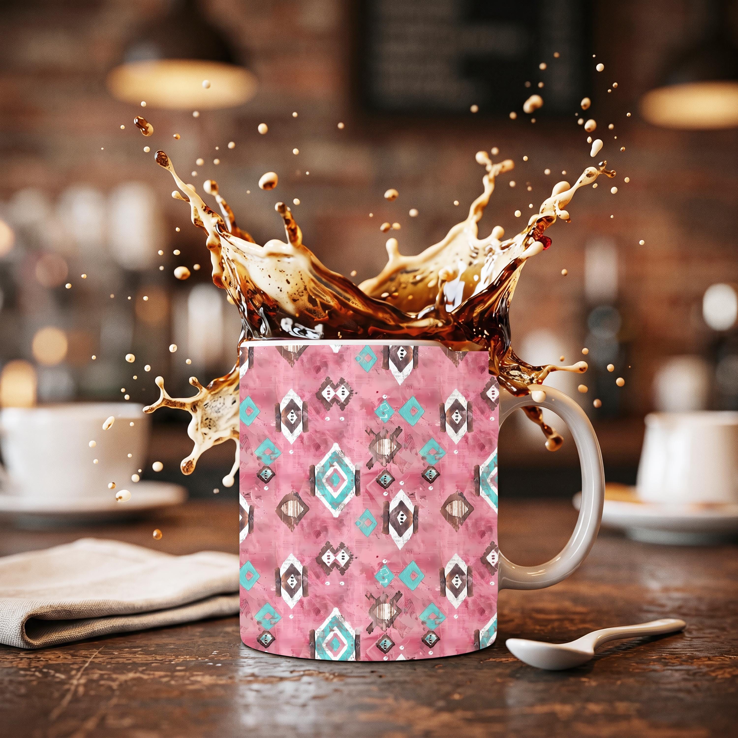 Pink Southwestern Mug Set – Set of 4 | 11 oz Ceramic Coffee Mugs