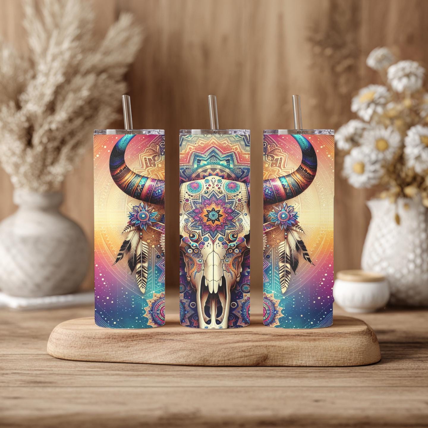Boho Buffalo Skull Tumbler – 20 oz Western & Southwestern Skinny Tumbler