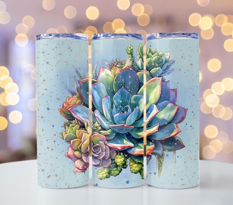 Blue Succulent Skinny Tumbler – 20 oz Stainless Steel Tumbler with Straw