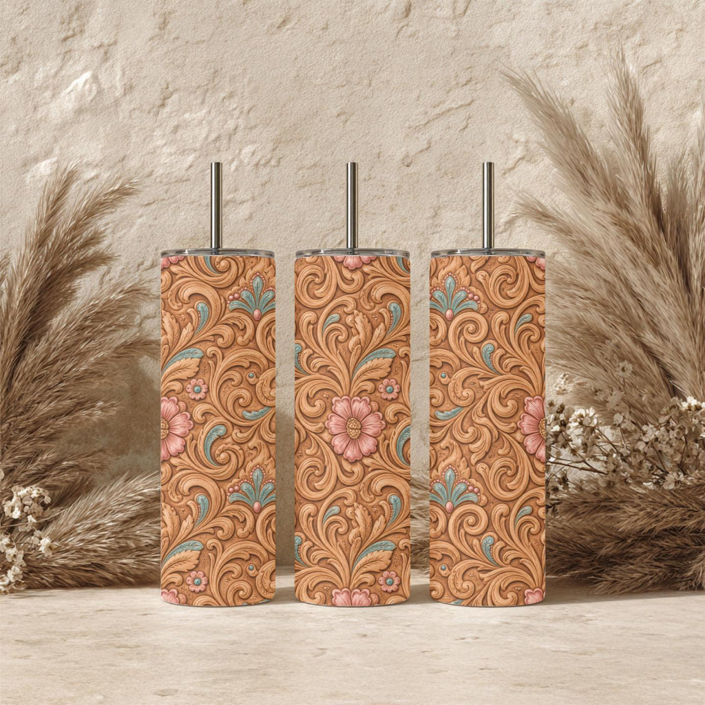 Tooled Leather Floral 20 oz Skinny Tumbler