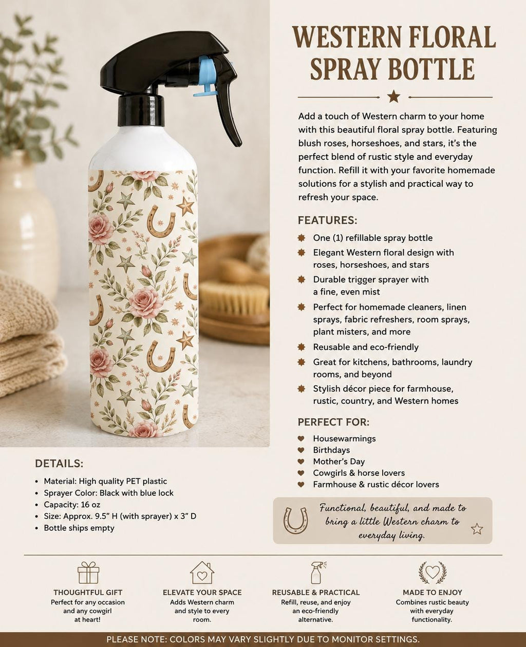 Western Floral Spray Bottle | Refillable Decorative Spray Bottle | Cowgirl Farmhouse Home Décor | Rustic Floral Mist Bottle