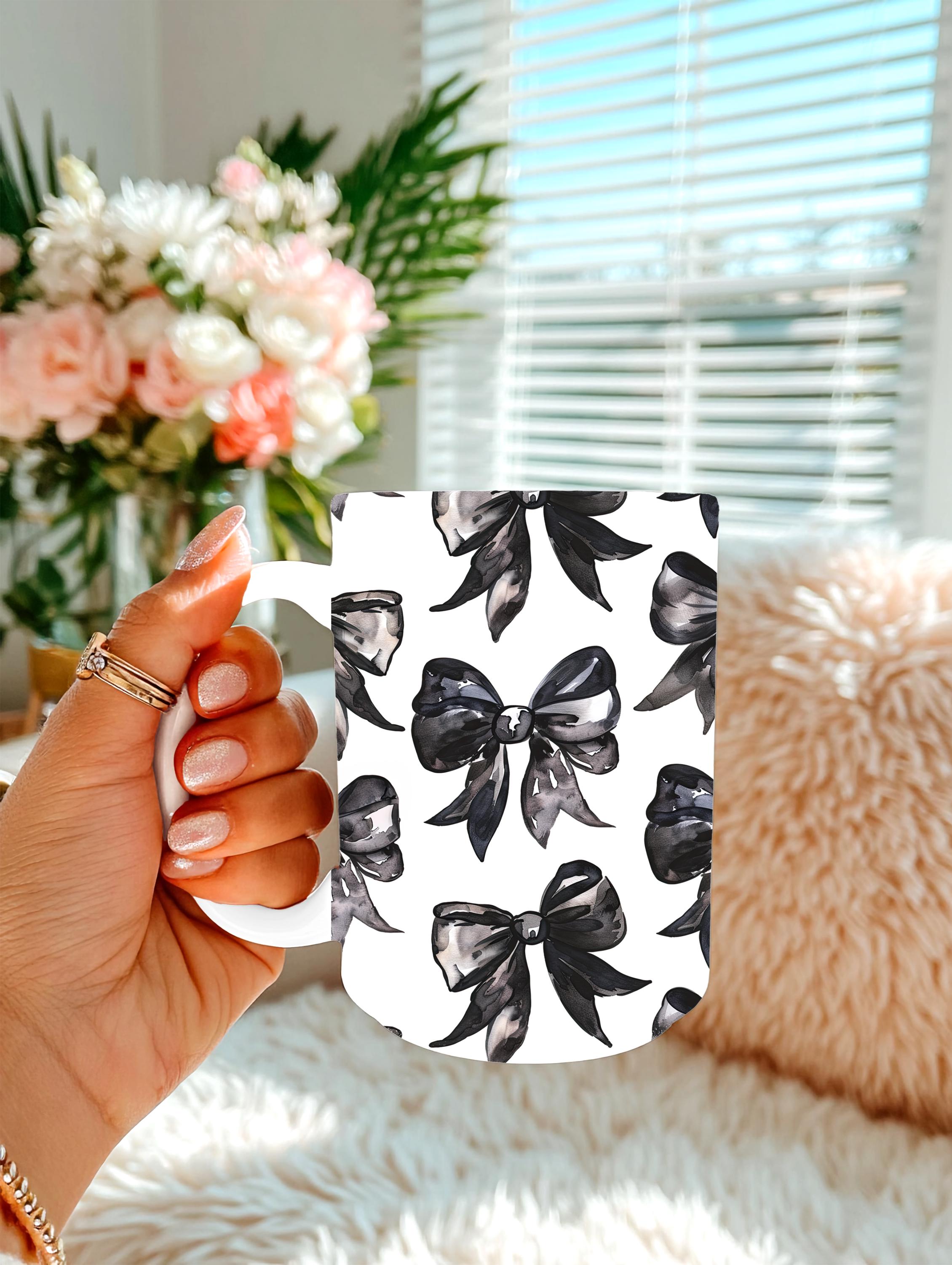 Black Bow Coquette Coffee Mug | Gothic Coquette Mug | Watercolor Bow Mug | Feminine Coffee Cup