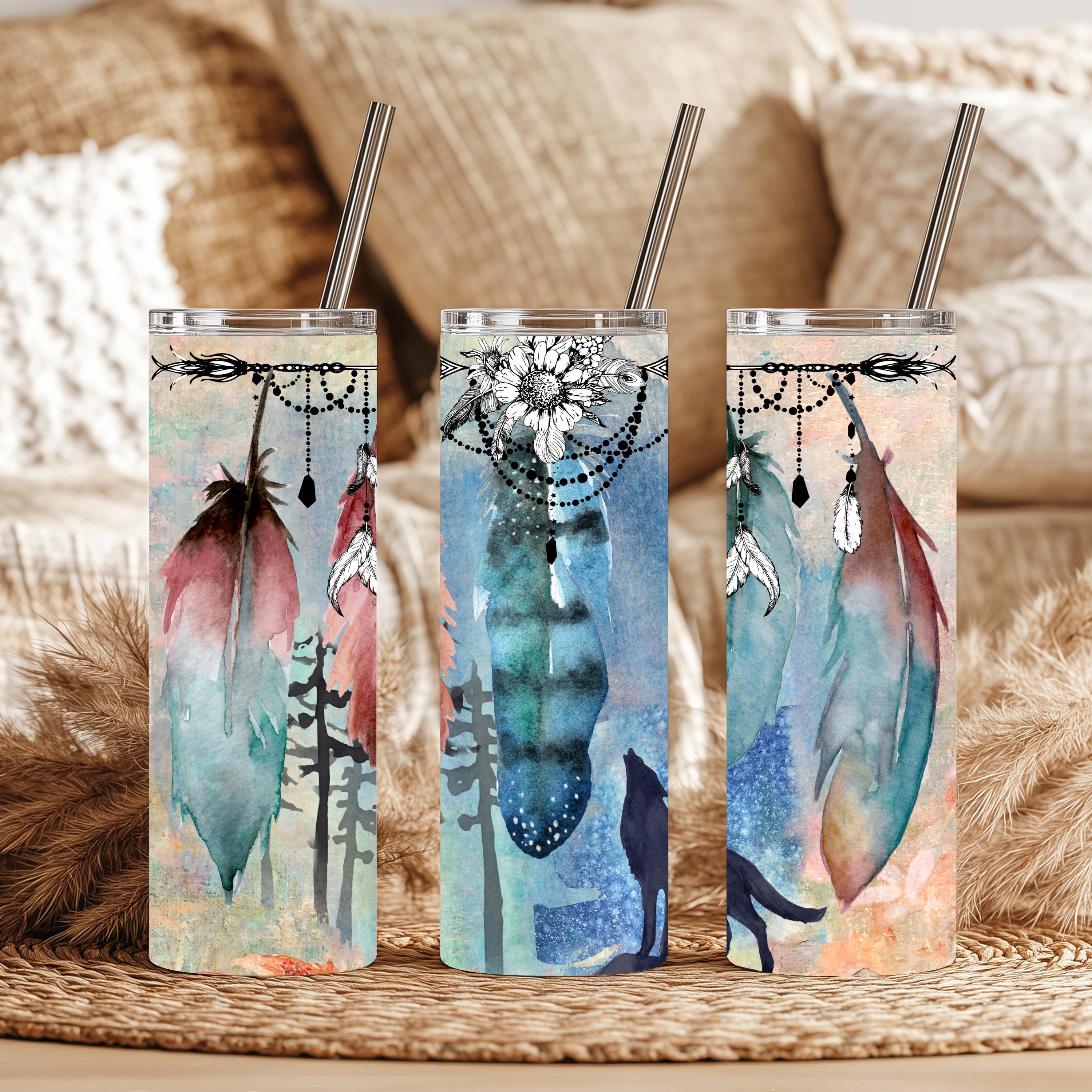 Boho Feather 20 oz Skinny Tumbler | Dreamcatcher-Inspired Feather Tumbler | Native-Inspired Watercolor Design | Stainless Steel Travel Cup