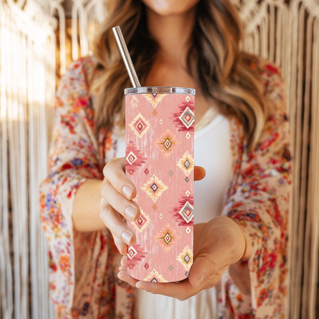 Blush & Pink Aztec 20 oz Skinny Tumbler | Southwestern Western Tumbler | Boho Stainless Steel Travel Cup | Cowgirl Drinkware | Handmade Gift